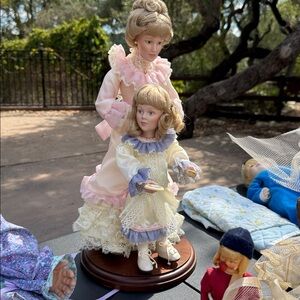Victorian Style Porcelain Doll Set with Pink and Cream Dresses